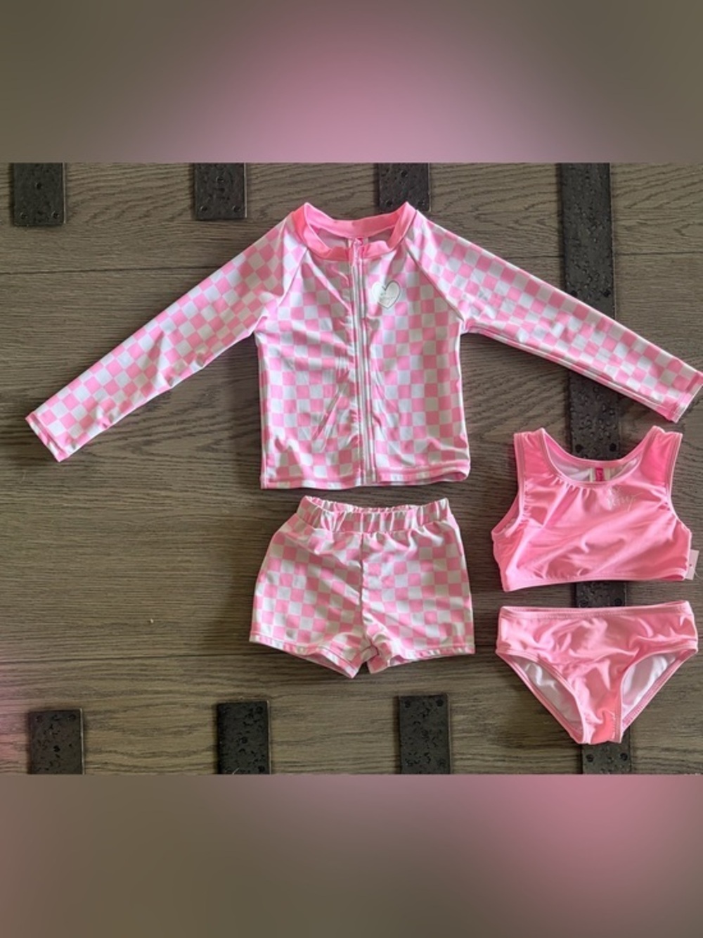 Betsey Johnson Kids Pink Checkered Rash Guard Swim Set